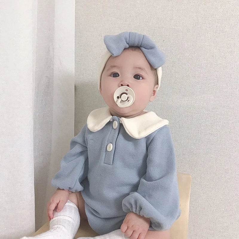 2PCS Peter Pan Collar Infant Baby Newborn Baby Bodusuits with Hairband Toddler Girls Boys Unisex One Piece Jumpsuit Outfit