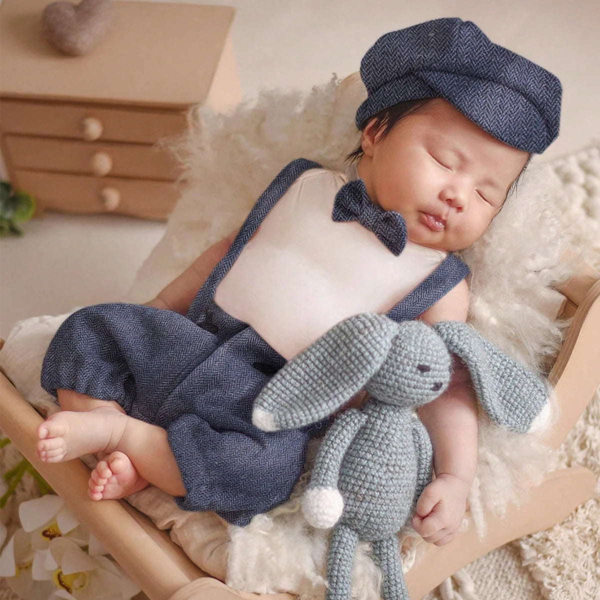 Baby Little Gentlman Suit Infant Shooting with Casquette and Bow Tie