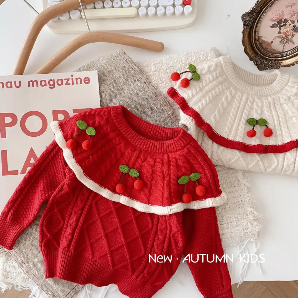 Autumn Winter Korean Baby Girls Pullover Cute 3D Cherry Pattern Stripe Fashion Infant Girls Kniwear Casual Newbron Girls Sweater