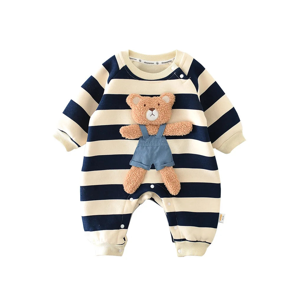 2023 Spring Autumn Korean Infant Boys Jumpsuit Patched Cartoon Bear Boys Striped Romper Thick Button Long Sleeve Toddler Outfit