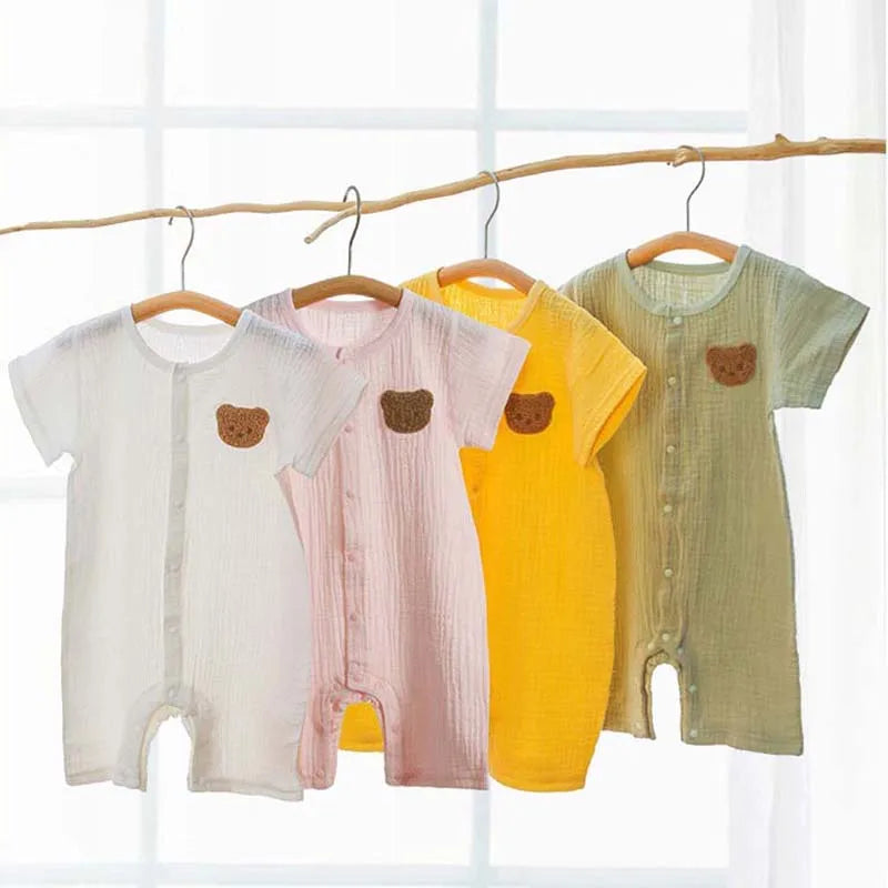2023 Korean Baby Romper Muslin Short Sleeves Jumpsuit for Girls Boys Cute Bear One-Pieces Clothing Newborn Summer Thin Bodysuits