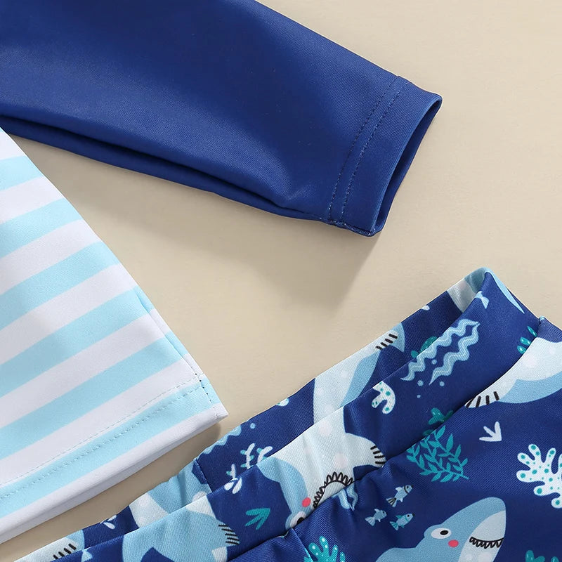 Toddler Kid Boy Swimsuit Cartoon Striped Shark Print
