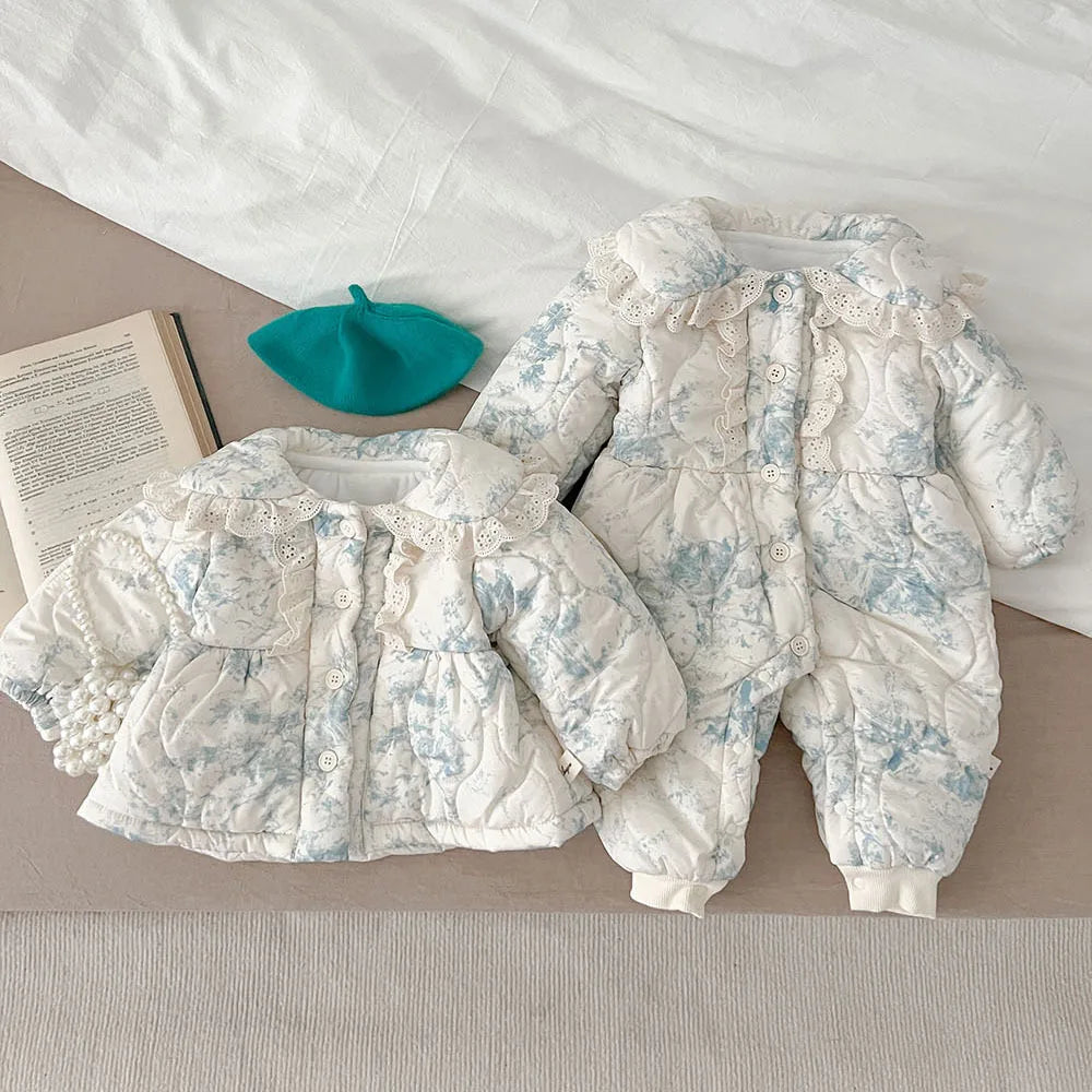 2023 Ins Winter Korean Baby Girls Outwear Coat Cotton Floral Plus Velvet Thick Warm Infant Girls Rompers Toddler Girls Jacket