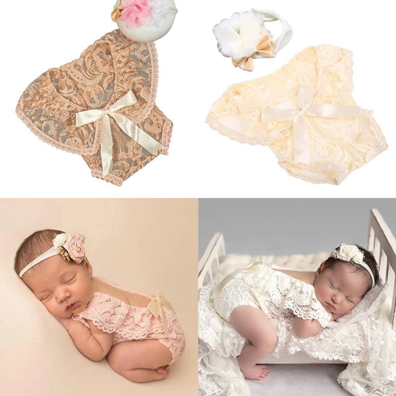 2 Pcs 0-1 Month Baby Headband Lace Romper Costume