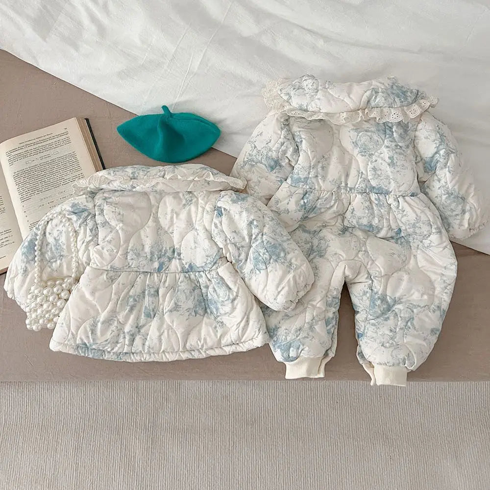 2023 Ins Winter Korean Baby Girls Outwear Coat Cotton Floral Plus Velvet Thick Warm Infant Girls Rompers Toddler Girls Jacket