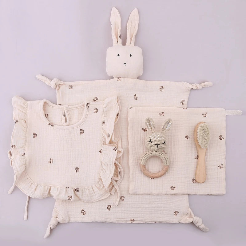 5 Pcs Baby Toys Gifts Wooden Crochet Rattle Teether Wash Facecloth Infants Feeding Bib Appease Towel Hair Brush