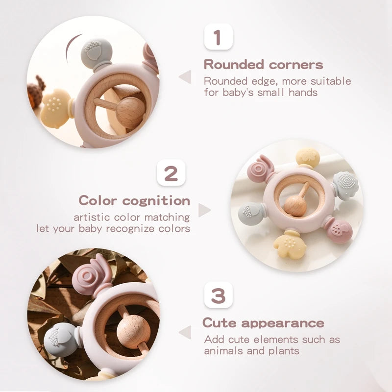 1PC Silicone Teether Baby Rudder Shape Wooden BPA Free