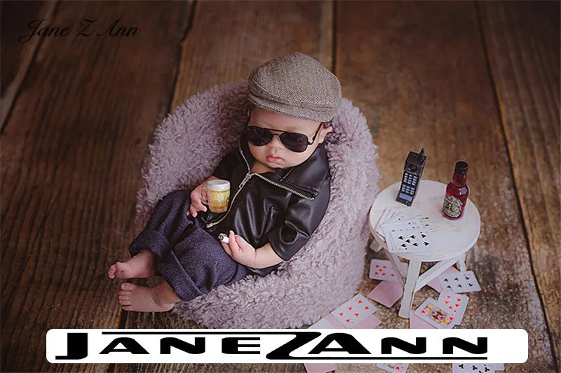 Newborn Photography props infant faux Leather jacket pants