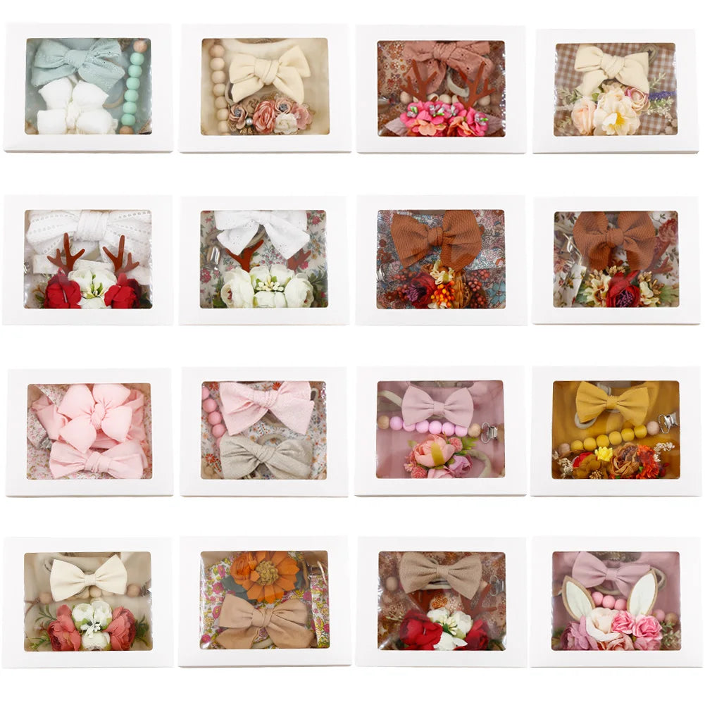 4Pcs/Set Flower Print Baby Bib Headband Elastic Nylon Hair Band Food Grade Silicone Beads Pacifier Clip Chain Christmas Gift Box