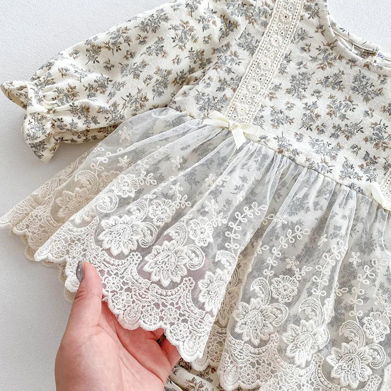 Spring Newborn Baby Girls Hat+Long Sleeved Cotton Print Lace Dress