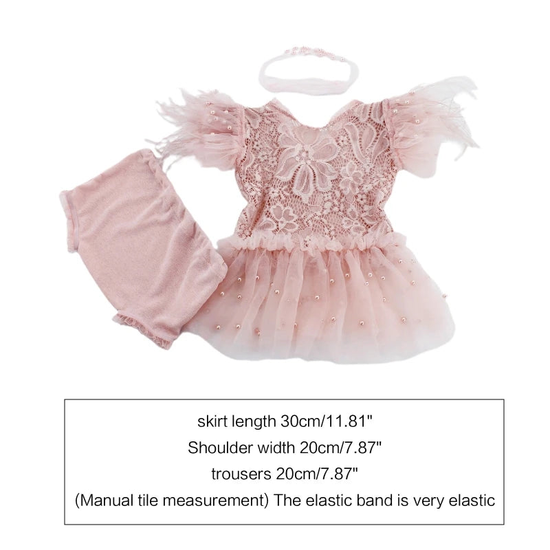 3Pcs Newborn Baby Feather Lace Skirt Short Pant Headbands