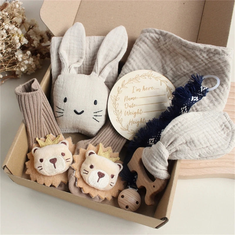 Soft Cotton Rabbit Towel+Socks+Hair Brush Face Towel for Newborn Shower Gift Box
