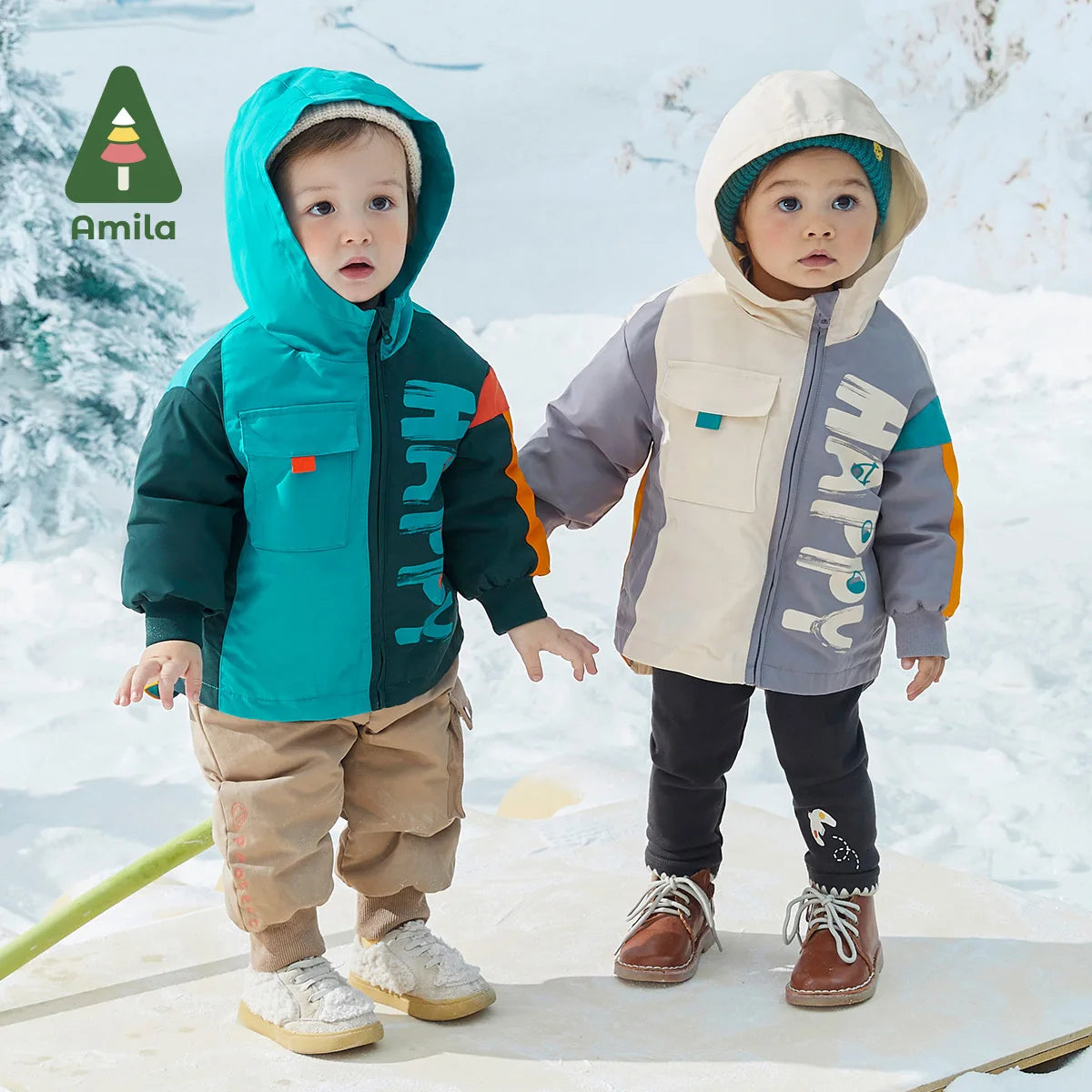 Amila Baby's Down Jacket 2022 Winter New Baby Boys Letter Warmth Patchwork Cloth Pocket Coat With Solid Color Hooded Jackets