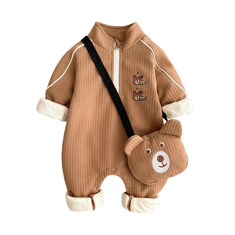 Autumn Winter Infant Boys Jumpsuit Baby Boys Waffle Plaid Plush Thickened Soft Bodysuit Toddler Boys Bear Embroidery Romper