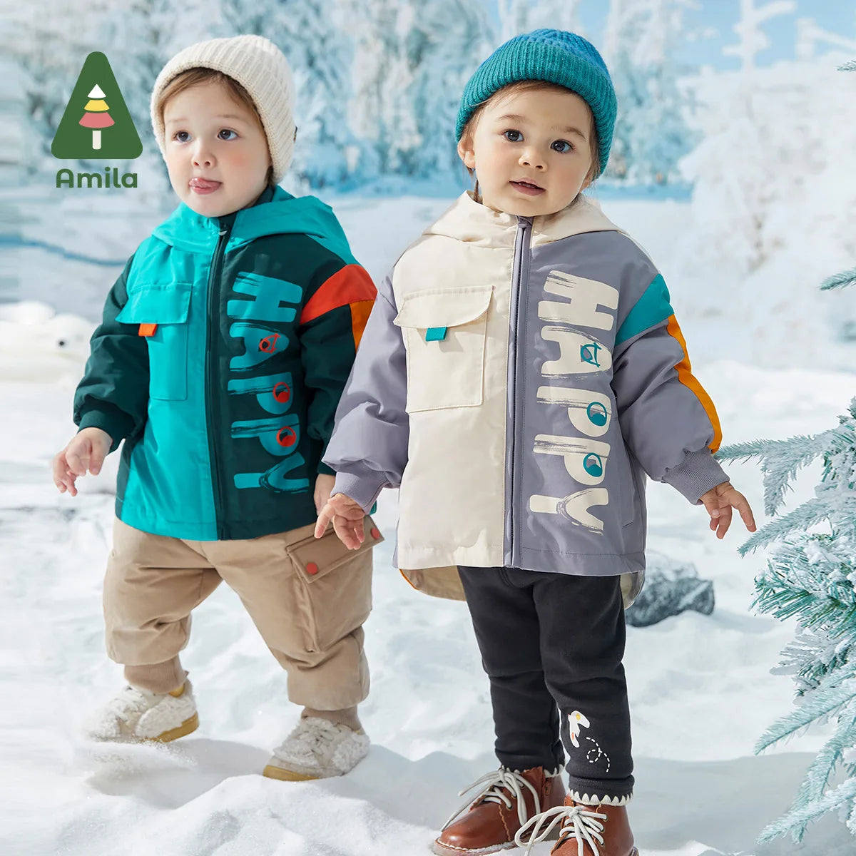 Amila Baby's Down Jacket 2022 Winter New Baby Boys Letter Warmth Patchwork Cloth Pocket Coat With Solid Color Hooded Jackets