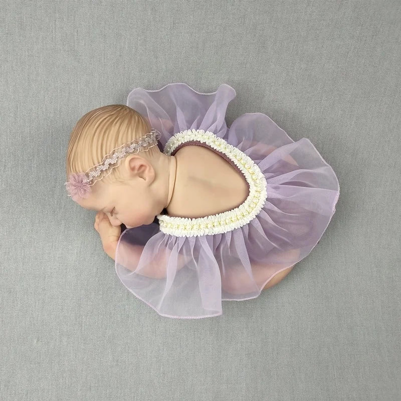 Baby Girls Backless Pearls Dress+Lace Headband Infant Princess Photoshoot Props