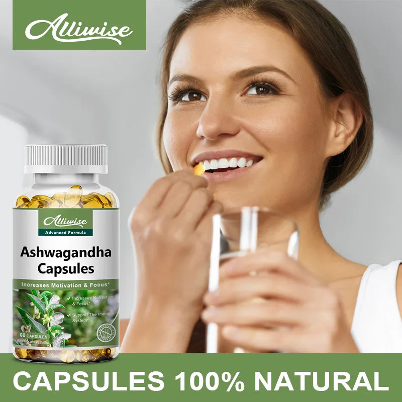Alliwise Ashwagandha Organic Extract Capsules Relieve Stress Enhances Immunity for Boost Energy Improves Sleep Supplement