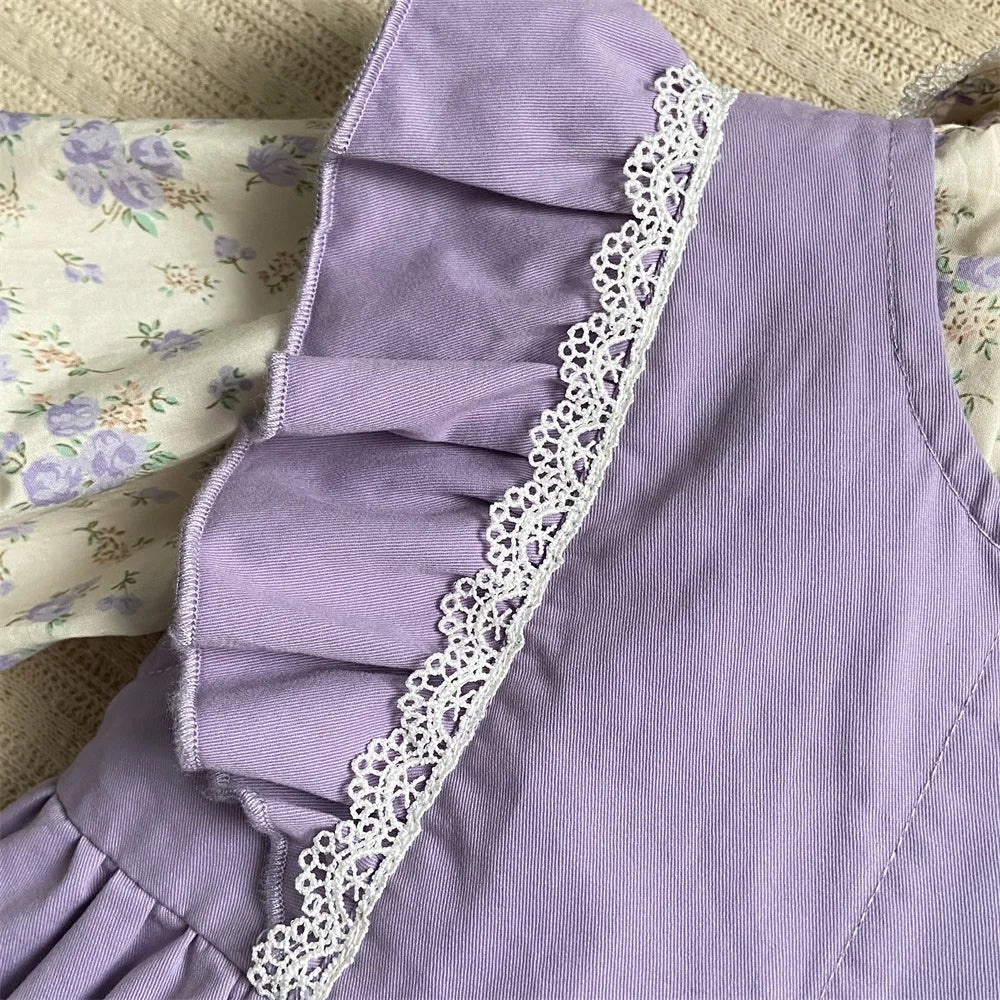 2024 Korean 2PCS Set Cotton Floral Shirts Purple Pants Suit
