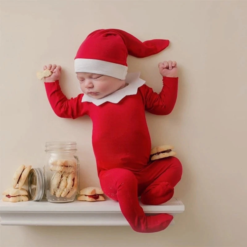 1 Set Newborn Photography Props Clothing Red Baby Romper with Collar Long Tail Hat Set Bodysuit Beanies Kit for Infants