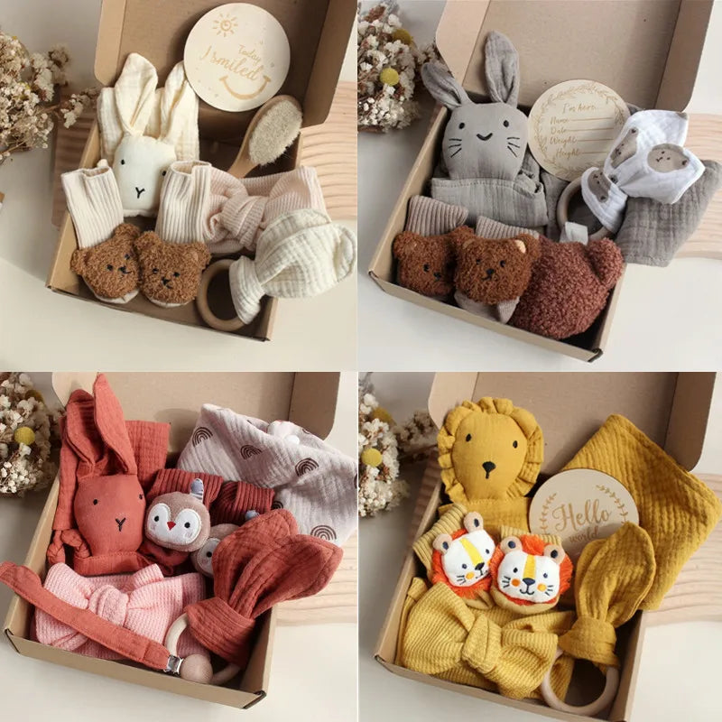 Soft Cotton Rabbit Towel+Socks+Hair Brush Face Towel for Newborn Shower Gift Box