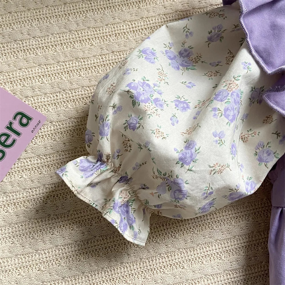 2024 Korean 2PCS Set Cotton Floral Shirts Purple Pants Suit