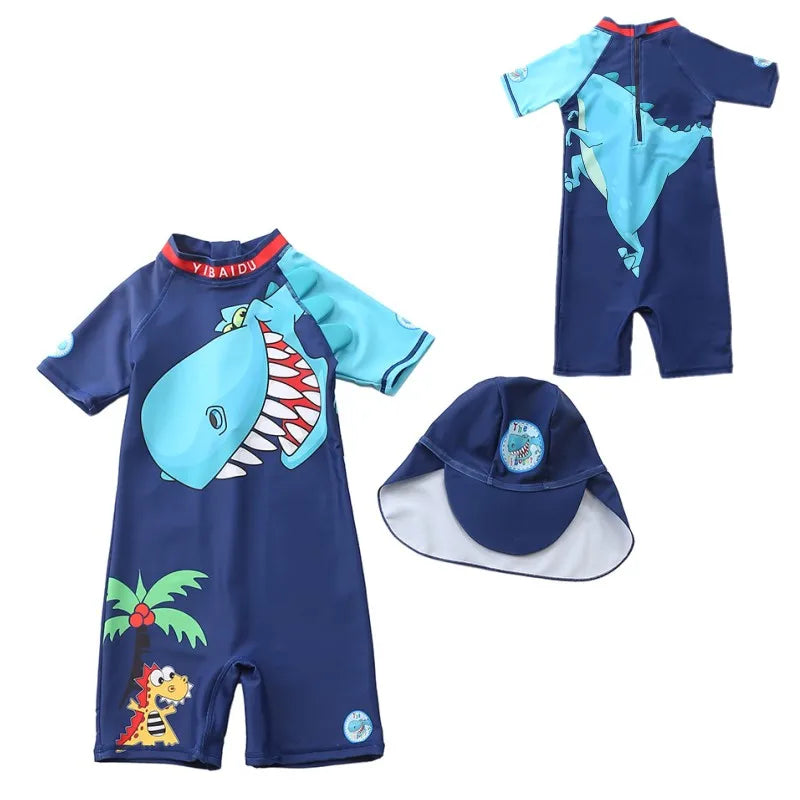 Boys Dinasour Swimsuit With Hat Shark Style