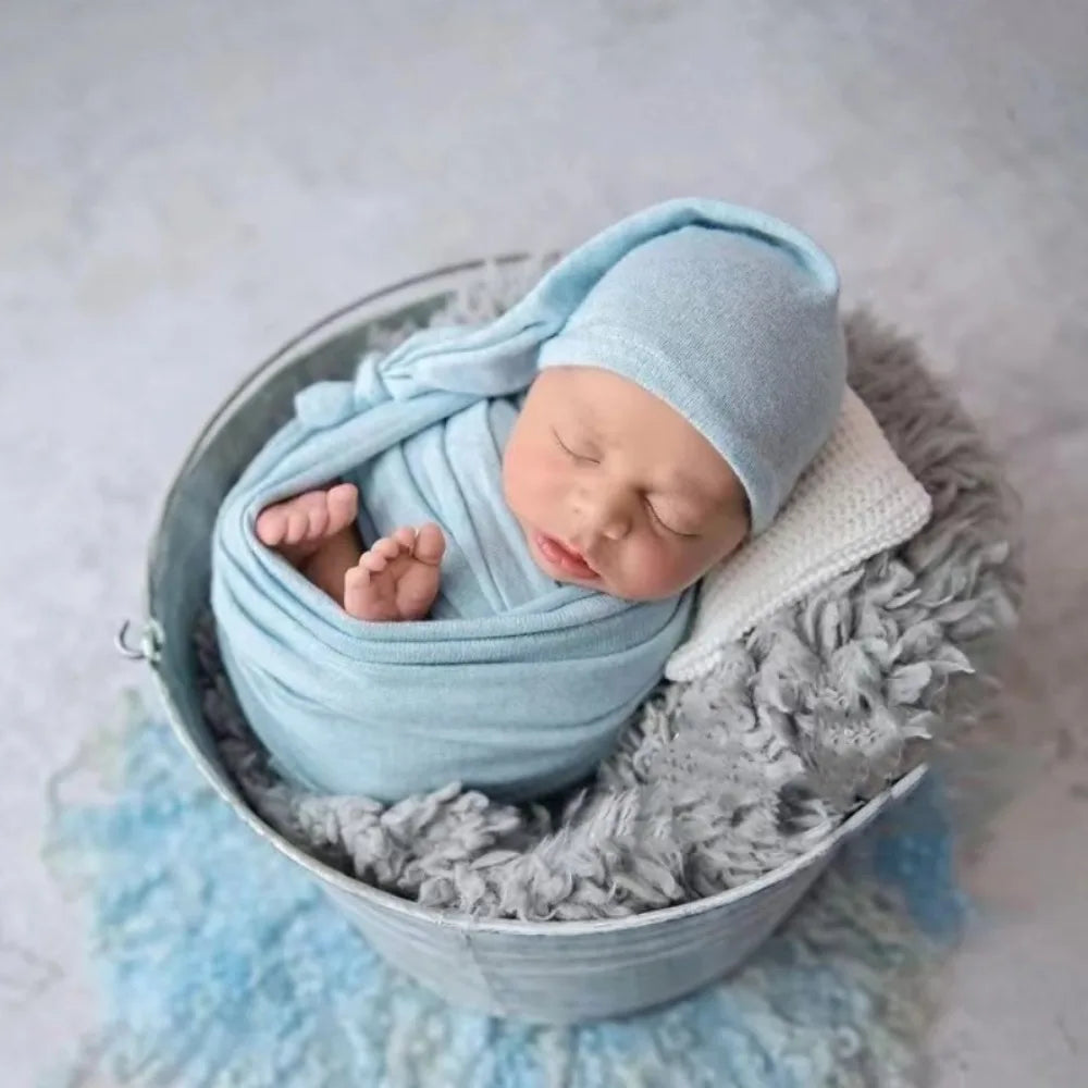 Newborn Photography Clothes Stretch Wrap Long Tail Hat 2 Pcs
