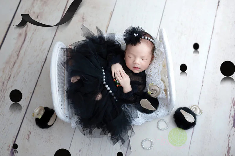 ❤️Newborn Photography Clothing Black Hat+Headband+Skirt 3Pcs/set