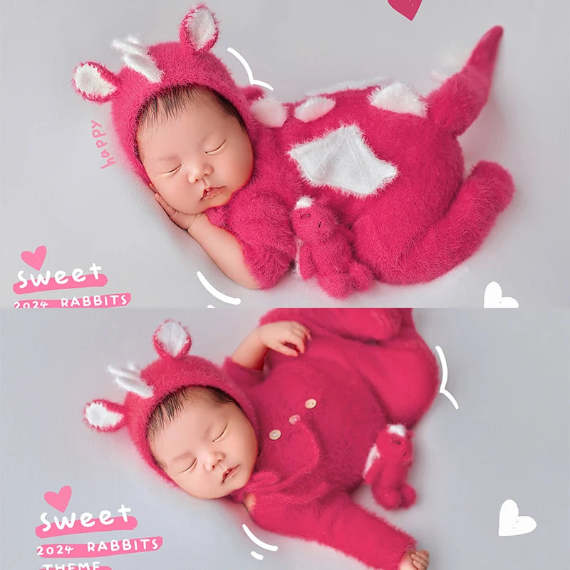 Newborn Photography Outfit Pink Furry Dinosaur Costume Set