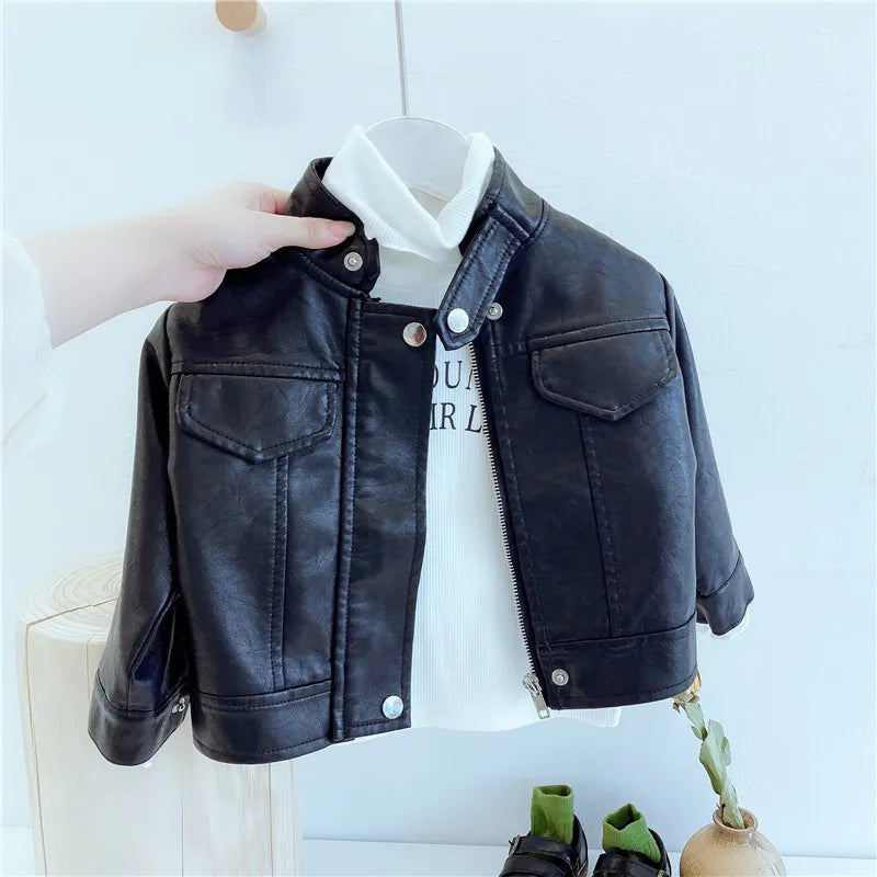 2023 Baby Spring Clothing Leather Jacket Boys & Girls Plus Fleece Warm Casual Motorcycle Leather Jacket for Children Fashionable