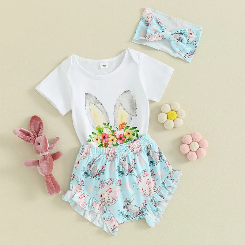 Newborn Baby Girl Easter Outfit Short Sleeve Bunny Headband Set