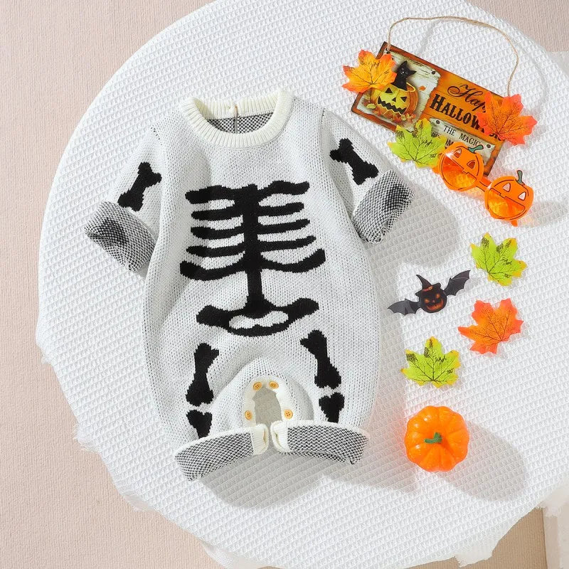 Autumn Halloween Skeleton Jacquard Baby Romper 0-18 months Toddler Boys and Girls Skeleton Sweater Jumpsuit Warm and Comfy