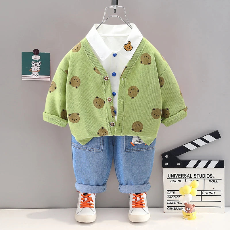 0-4 years Cute car baby suit striped three-piece sports suit