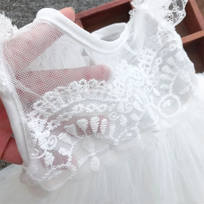 Baby Birthday Princess Dress Elegant Girl Embroidery Flower Beaded White Baptism Tutu Gown Kids Formal Evening Party Costume