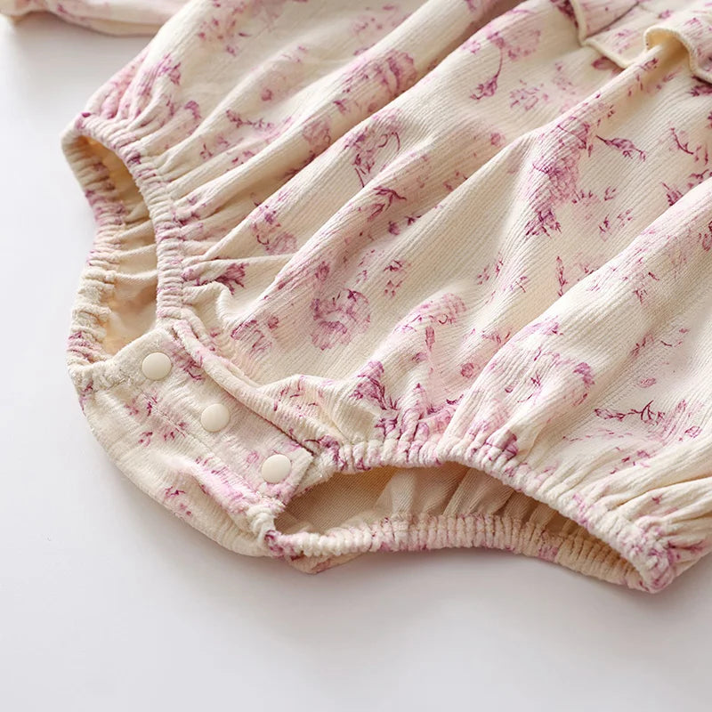 2024 New Spring Infant Baby Girl Bodysuits Long Sleeved Corduroy Floral Printing Newborn Baby Girl Jumpsuit Children Clothes