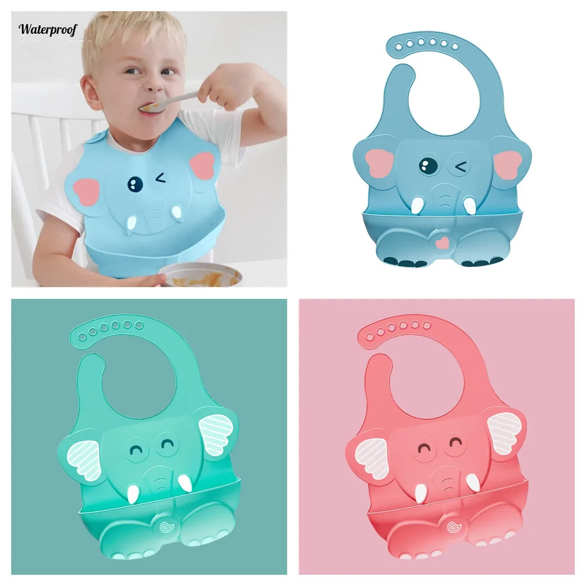 1pcs Baby Cute Elephant Bibs Soft Waterproof Silicone Cloths