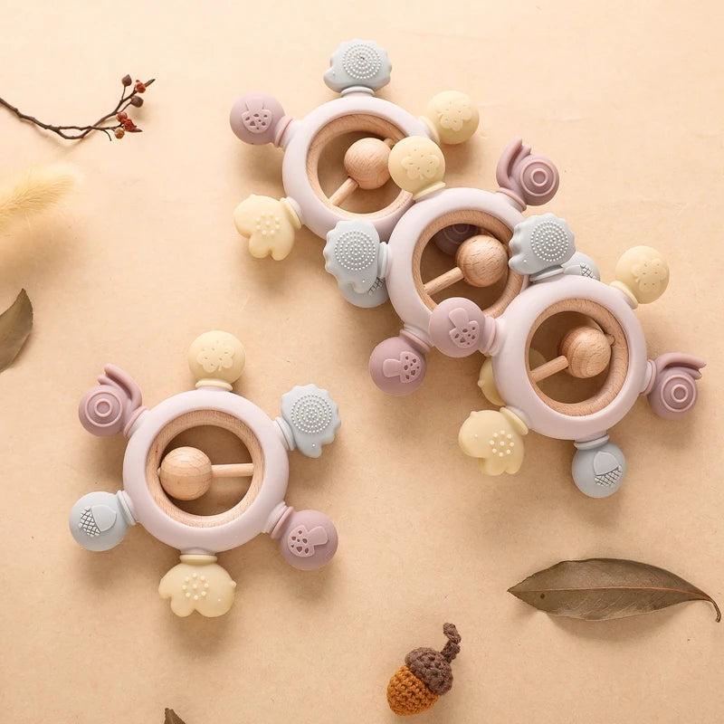 1PC Silicone Teether Baby Rudder Shape Wooden BPA Free