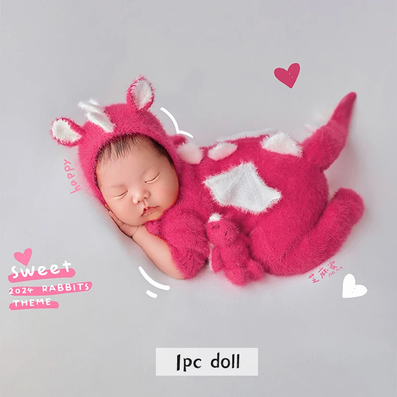 Newborn Photography Outfit Pink Furry Dinosaur Costume Set
