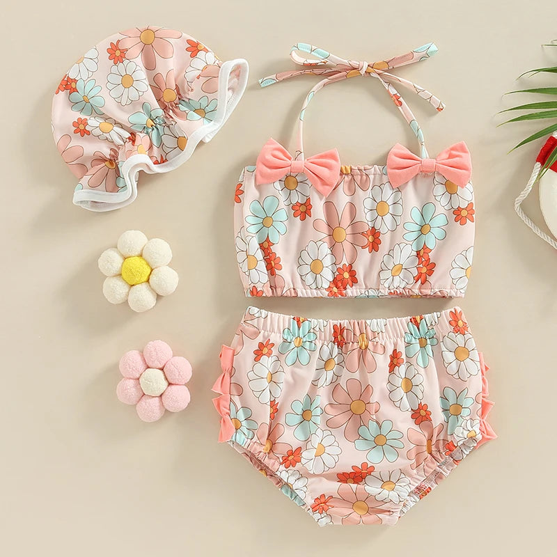 2023 Summer 0-2Y Baby Girls Three Piece Swimsuits Floral Print Halter Bikini Set Bathing Suit with Swim Cap
