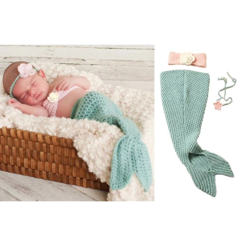 3pc Baby Photography Props Knitted Mermaid tail Costume + flower Hairband set