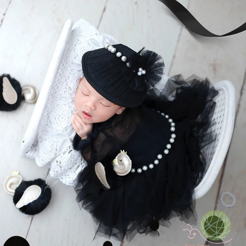 ❤️Newborn Photography Clothing Black Hat+Headband+Skirt 3Pcs/set