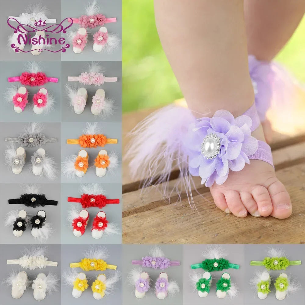 3pcs/lot Chiffon Flower Headband with Barefoot Sandals Soft Feather