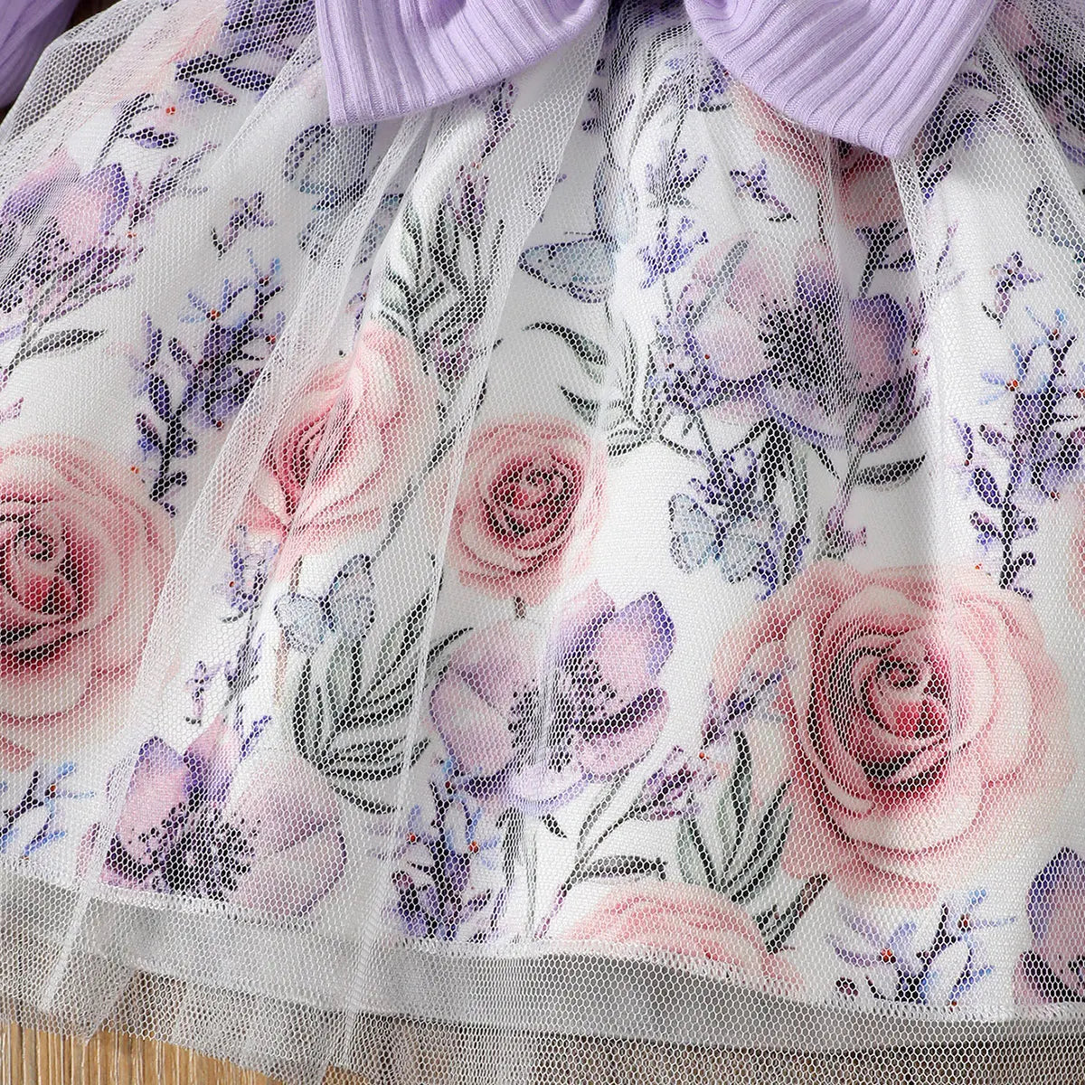 Stitching Flower Print Plus White Mesh Baby Dress