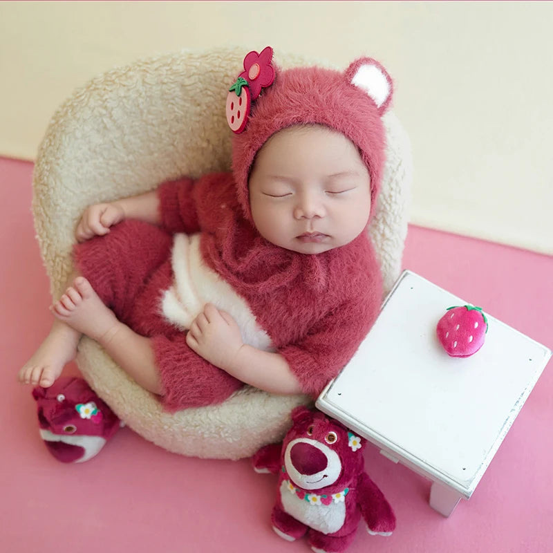 Newborn Photography Clothes Cute Bear Ear Hat Knitted Jumpsuit Pink Bear Theme