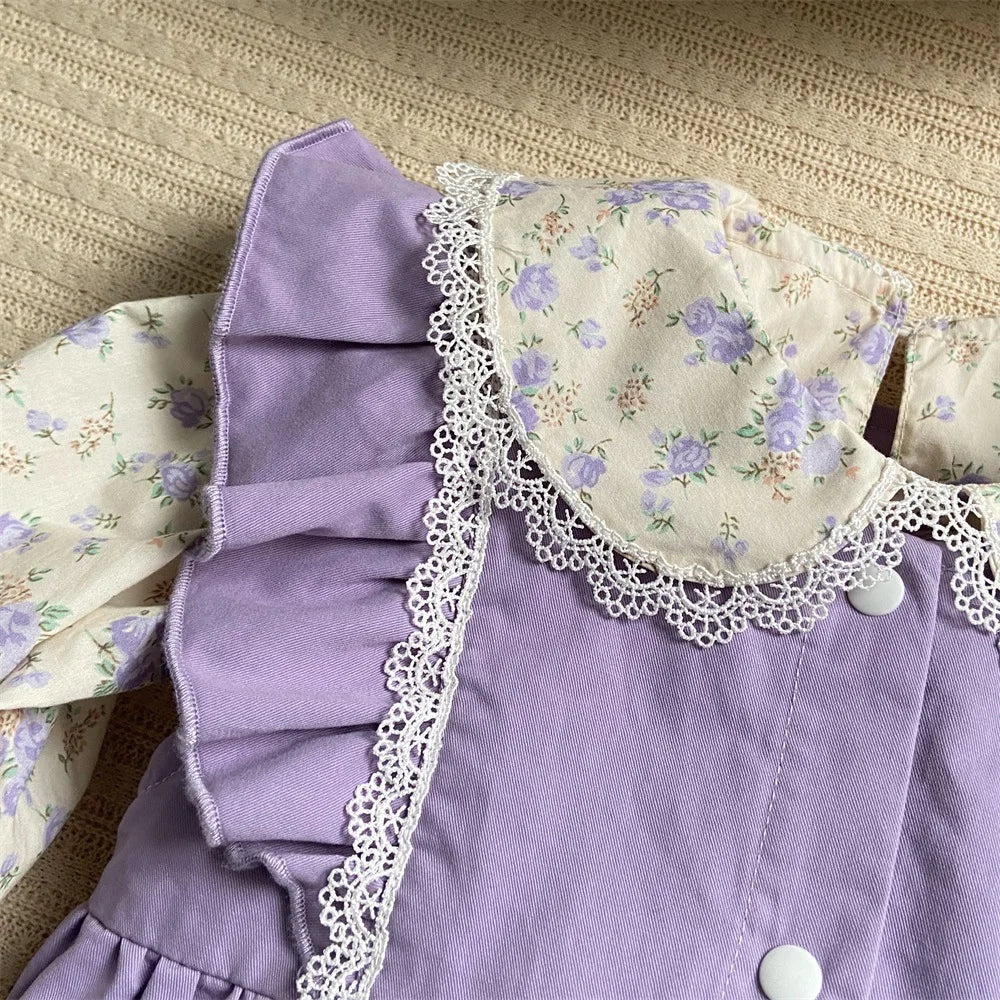 2024 Korean 2PCS Set Cotton Floral Shirts Purple Pants Suit