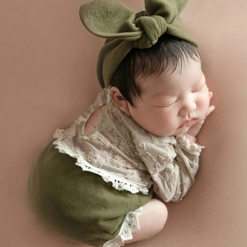 Newborn Baby Bowknot Headband & Lace Jumpsuits
