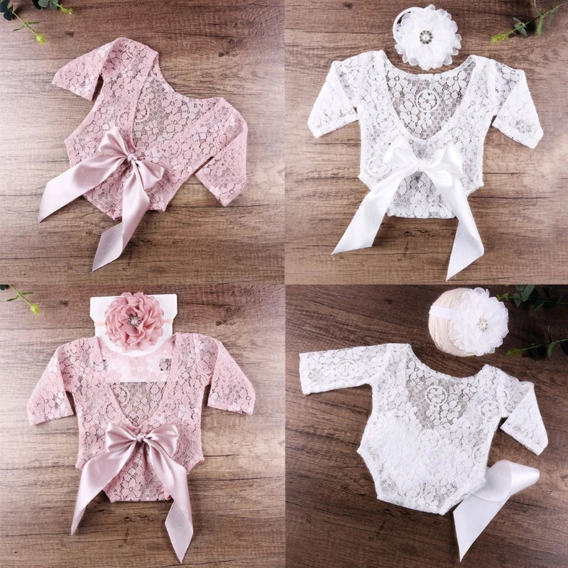 2 Pcs 0-1 Month Baby Headband Lace Romper Costume