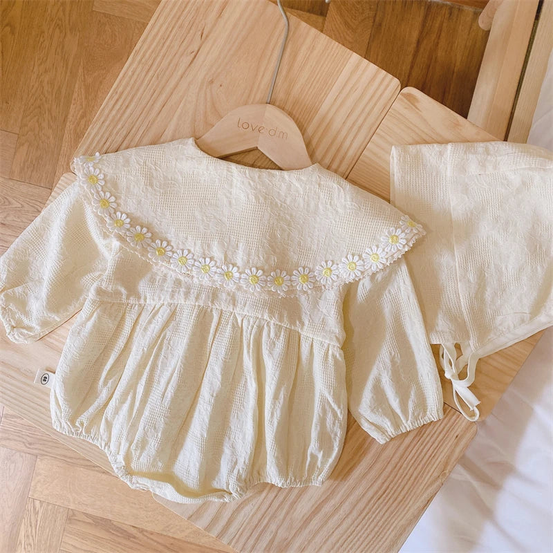 2PCS Spring Toddler Girl Cute Floral Romper And Hat Outfits