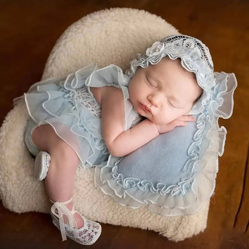 5Pcs Baby Lace Dress+Hat+Pillow+Shorts+Shoes Set Props