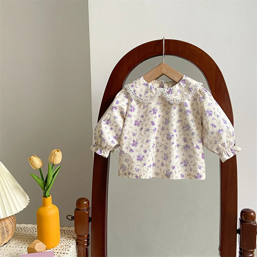 2024 Korean 2PCS Set Cotton Floral Shirts Purple Pants Suit